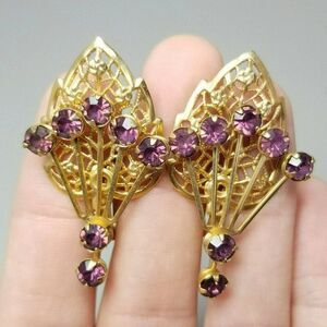 Vintage Purple Rhinestone and Gold Tone Filigree Clip On Earrings, Screw Backs